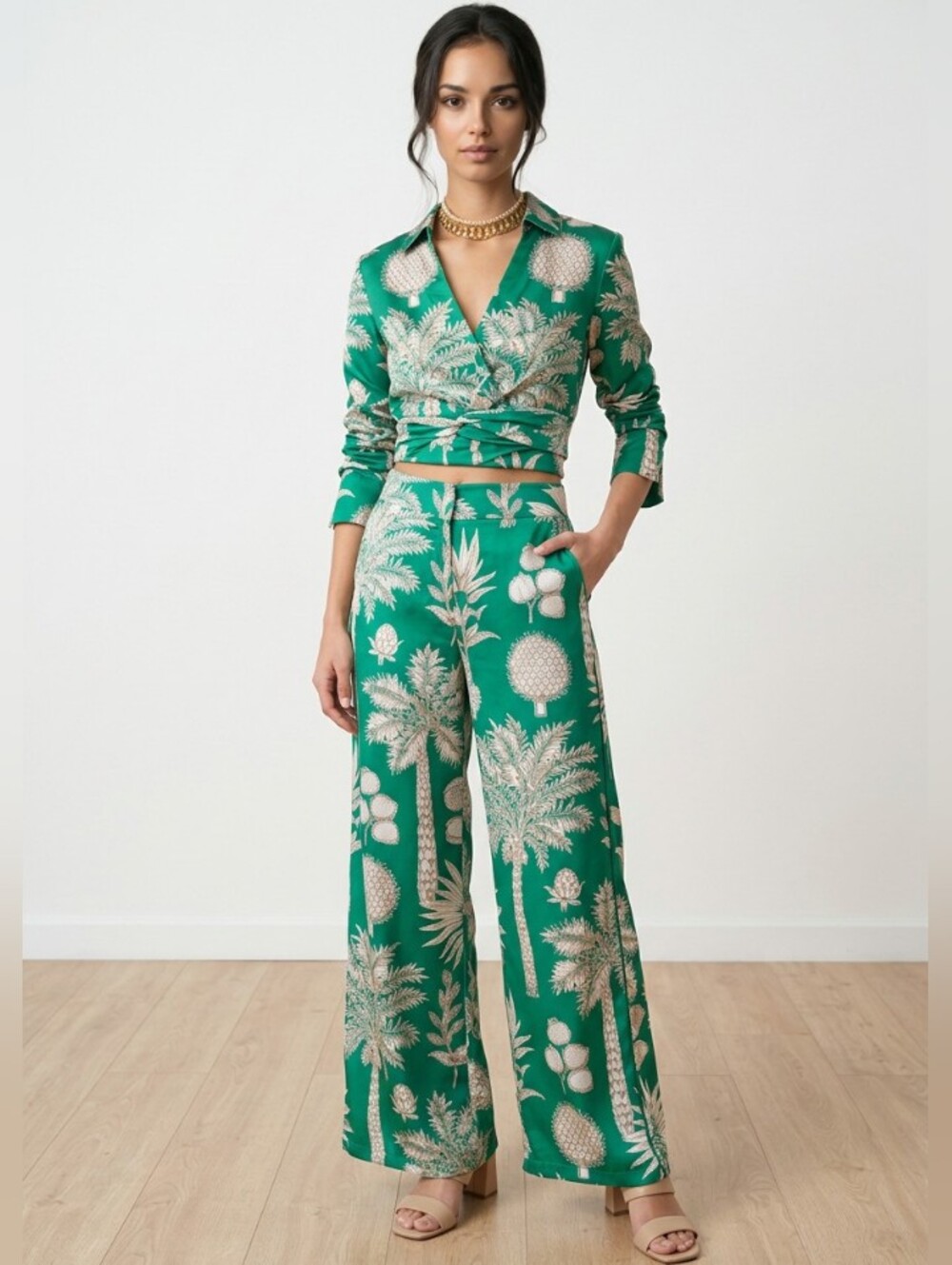 Maison Alma Tropical Green Print Pant & Wrap Top Set Size M/L